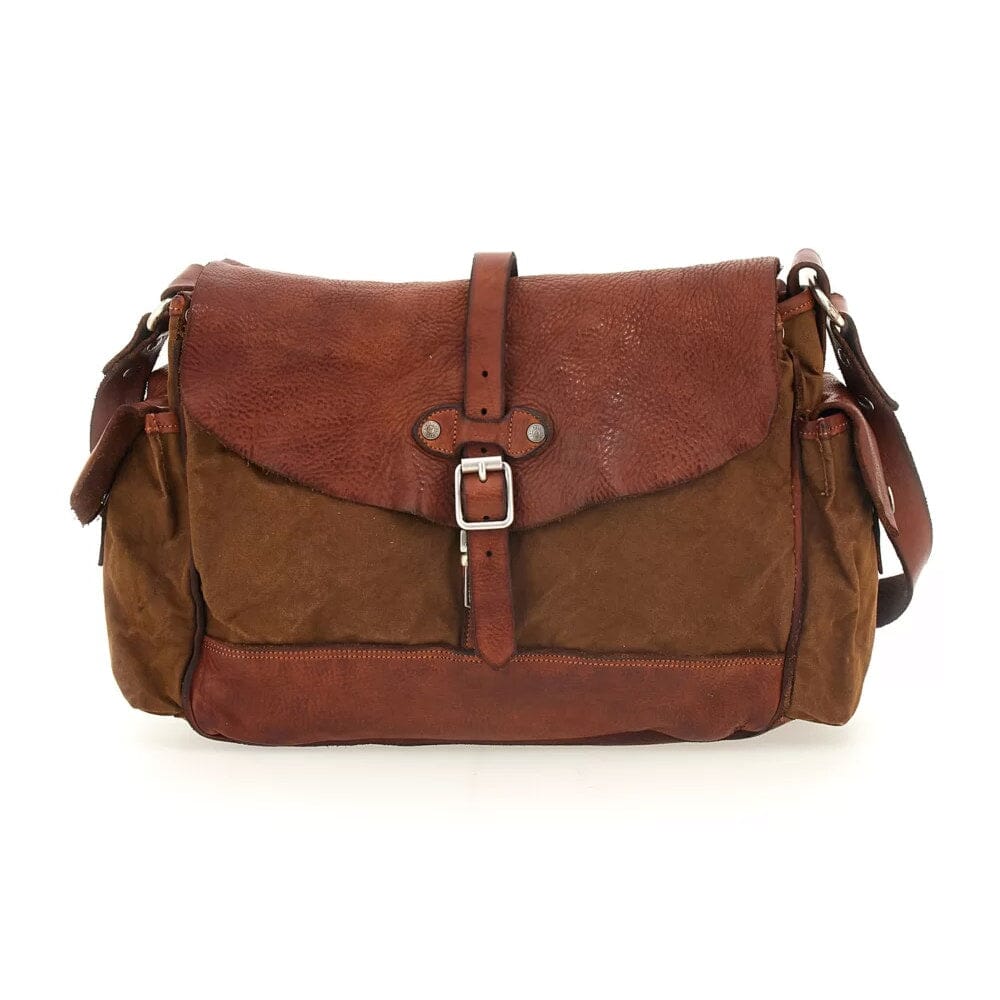 Campomaggi Saturno Leather and Canvas Shoulder Bag Leather Messenger Bag Campomaggi Cognac & Military Green