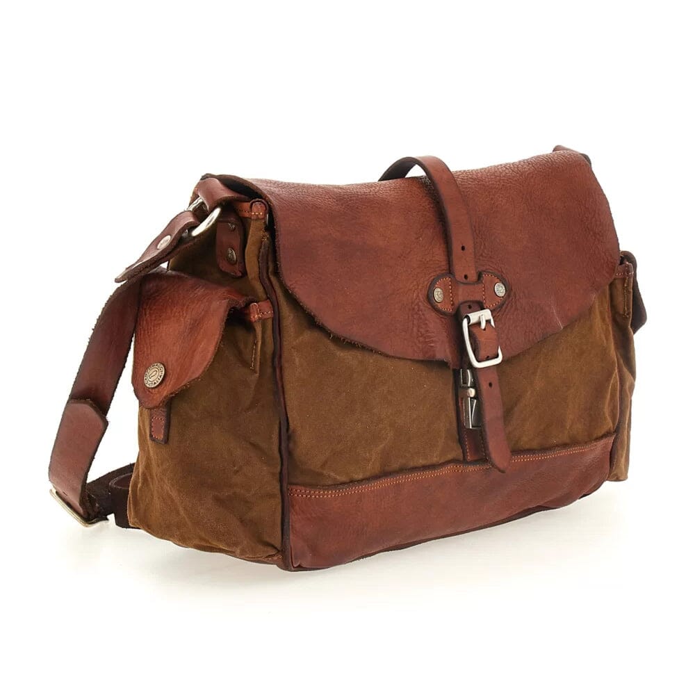 Campomaggi Saturno Leather and Canvas Shoulder Bag Leather Messenger Bag Campomaggi
