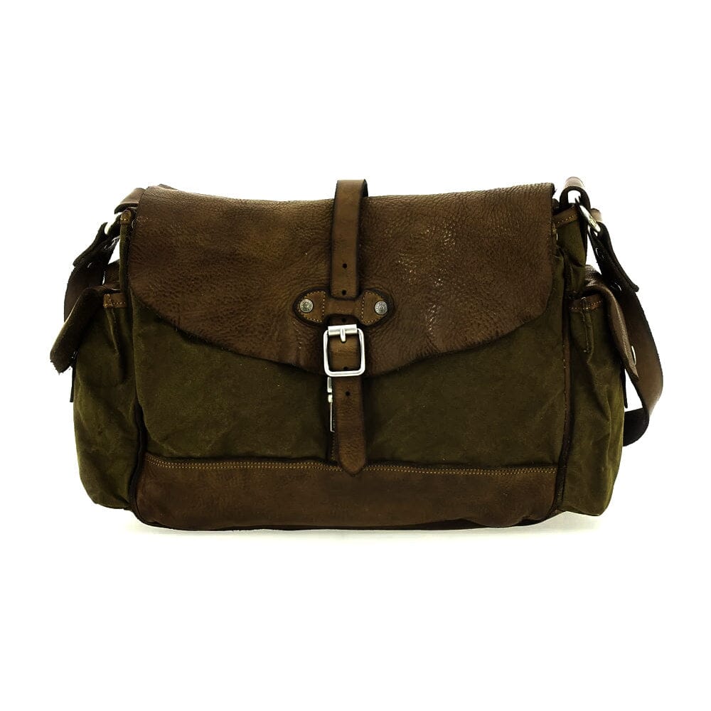 Campomaggi Saturno Leather and Canvas Shoulder Bag Leather Messenger Bag Campomaggi Brown & Military Green