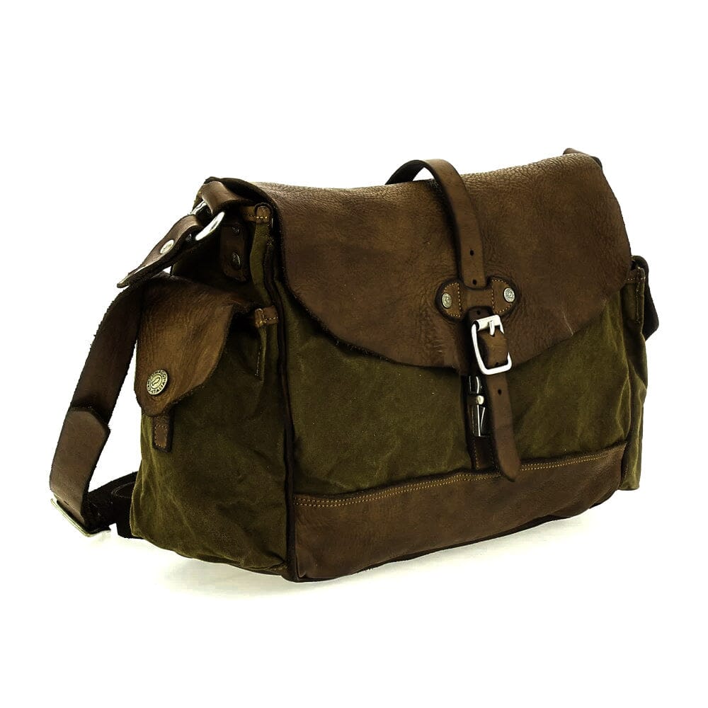 Campomaggi Saturno Leather and Canvas Shoulder Bag Leather Messenger Bag Campomaggi