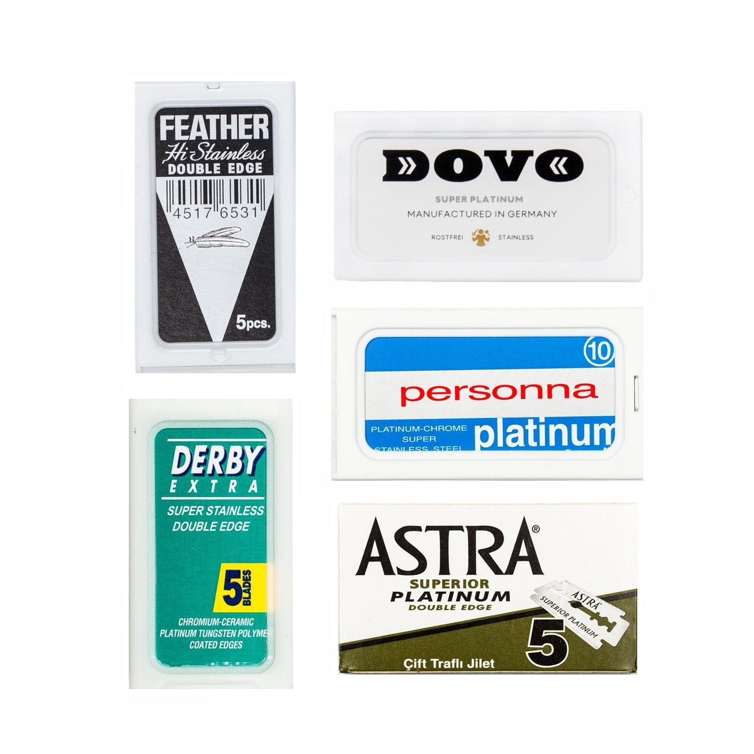 50pc Razor Blade Sampler: Personna Platinum Chrome, DOVO, Derby, Black Feather and Astra Razor Blades Fendrihan