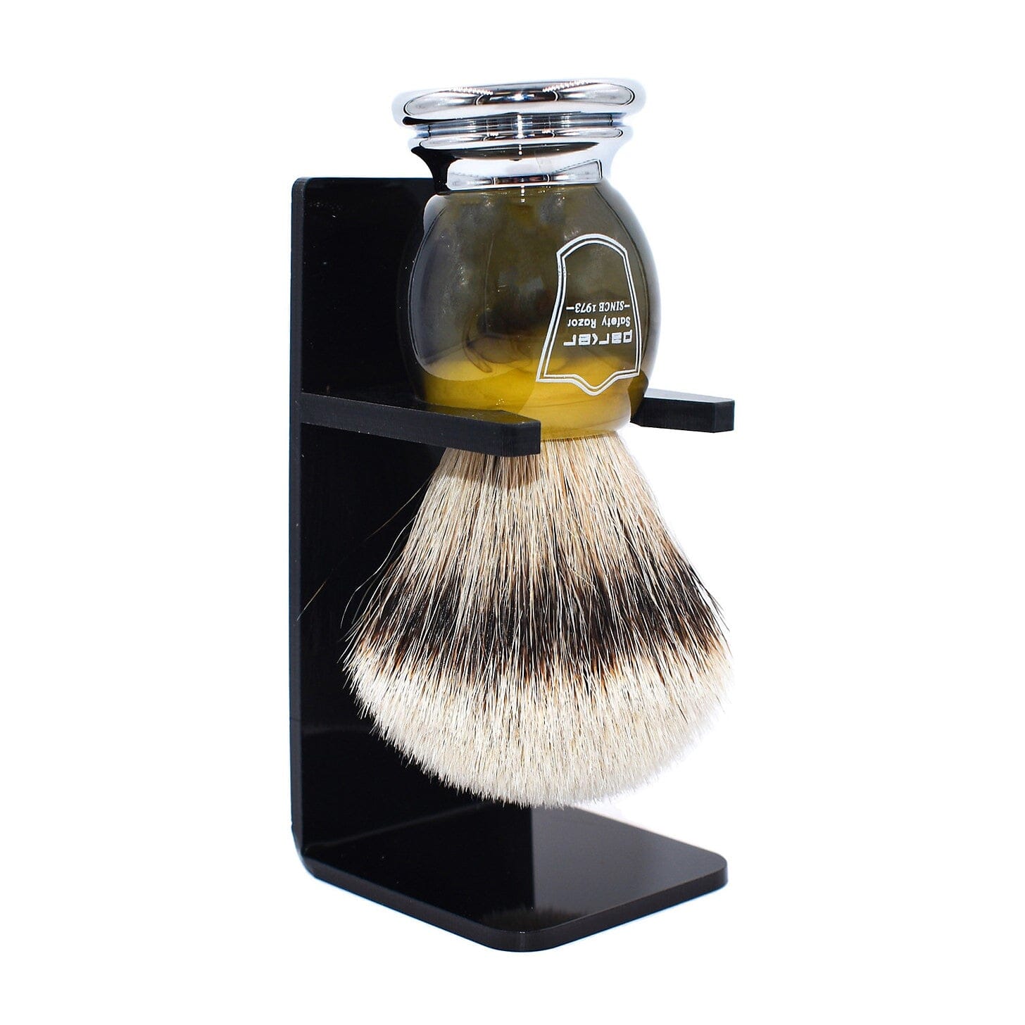 Parker Silvertip Badger Shaving Brush and Stand, Chrome Bottom Badger Bristles Shaving Brush Parker Razors Faux Horn