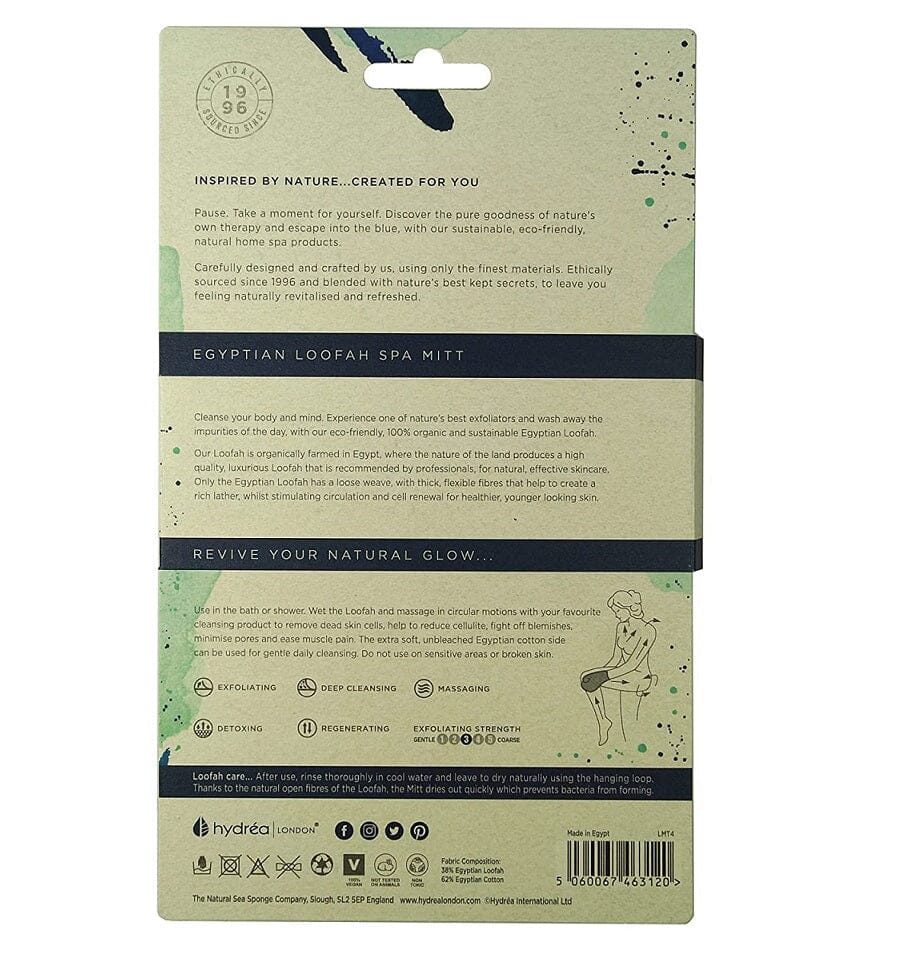 Hydrea London Organic Loofah and Egyptian Cotton Exfoliating Bath Mitt Body Exfoliating Mitt The Natural Sea Sponge Co