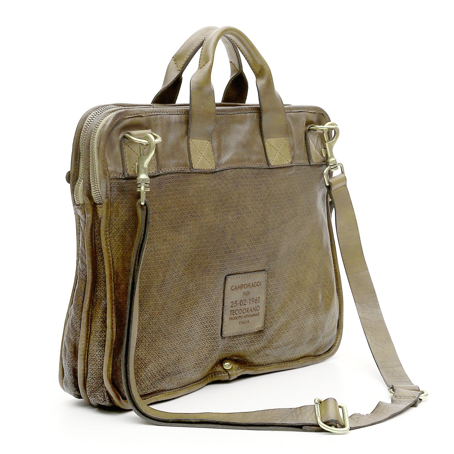 Campomaggi Leather Hexagonal Briefcase, Military Green Leather Briefcase Campomaggi
