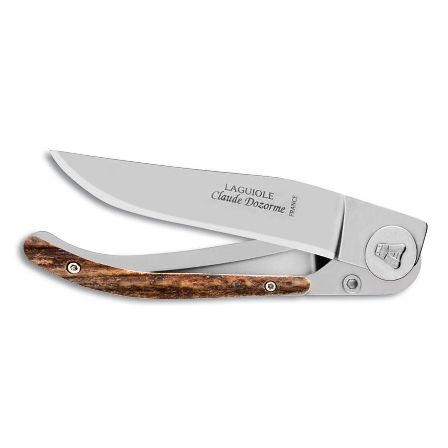 Claude Dozorme Liner Lock Laguiole Silver Blade Folding Pocket Knife, Stag Horn Pocket Knife Claude Dozorme