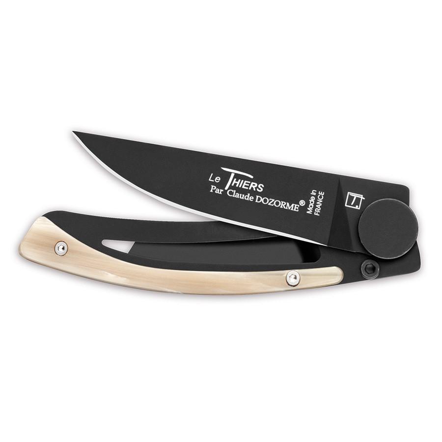 Claude Dozorme Liner Lock Le Thiers Black Blade Folding Pocket Knife, Light Horn Pocket Knife Claude Dozorme