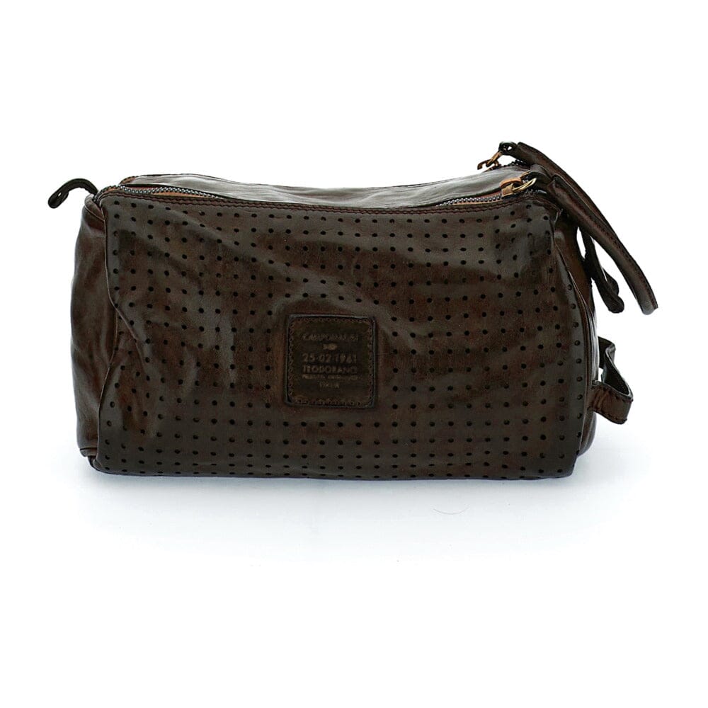 Campomaggi Toledo Leather Toiletry Bag with Geometic Fretwork Toiletry Bag Campomaggi Dark Brown