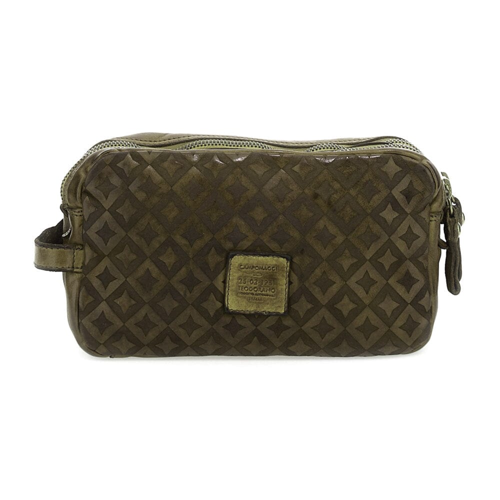 Campomaggi Aron Leather Toiletry Bag, Star Laser Print Toiletry Bag Campomaggi Military Green