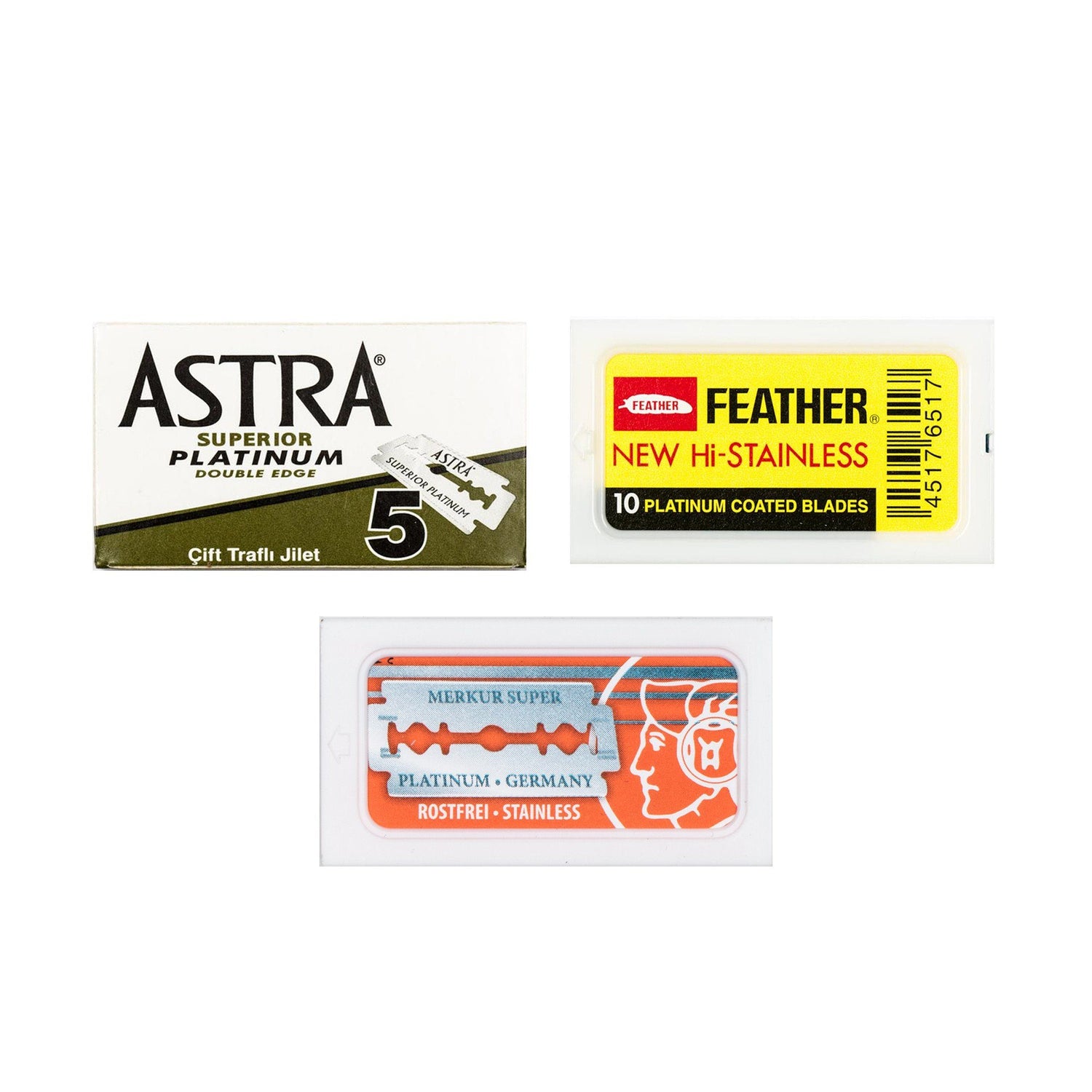 30pc Razor Blade Sampler: Merkur, Feather and Astra Platinum Razor Blades Fendrihan