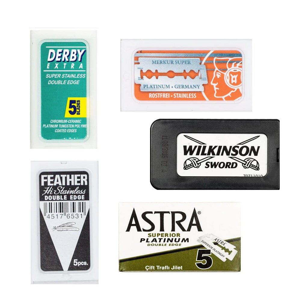 50pc Razor Blade Sampler: Merkur, Astra, Wilkinson, Black Feather and Derby Razor Blades Fendrihan