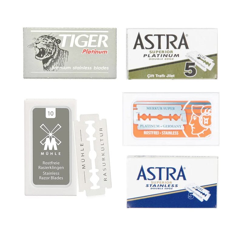 50pc Razor Blade Sampler: Tiger Platinum, Astra, Muhle, and Merkur Razor Blades Fendrihan