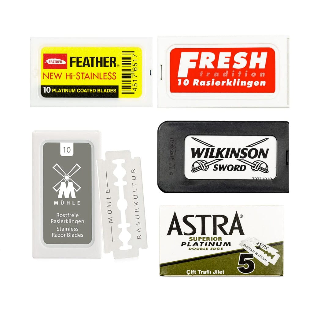 50pc Razor Blade Sampler: Feather, Fresh, Wilkinson, Muhle and Astra Platinum Razor Blades Fendrihan
