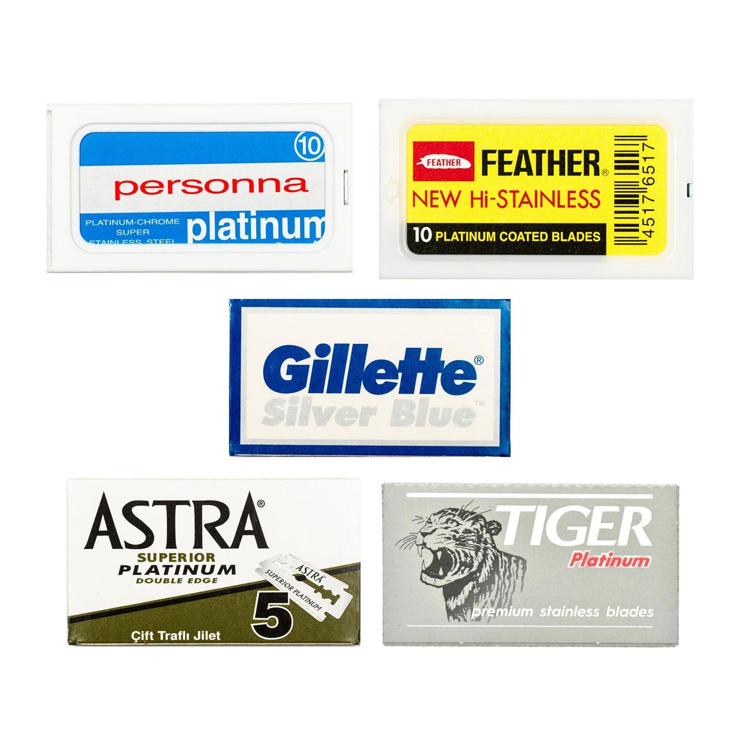 50pc Razor Blade Sampler: Personna, Feather, Gillette, Astra and Tiger Platinum Razor Blades Fendrihan