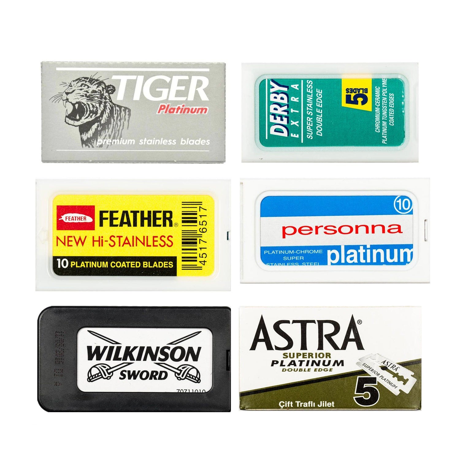 60pc Razor Blade Sampler: Astra, Derby, Feather, Personna, Wilkinson and Tiger Platinum Razor Blades Fendrihan