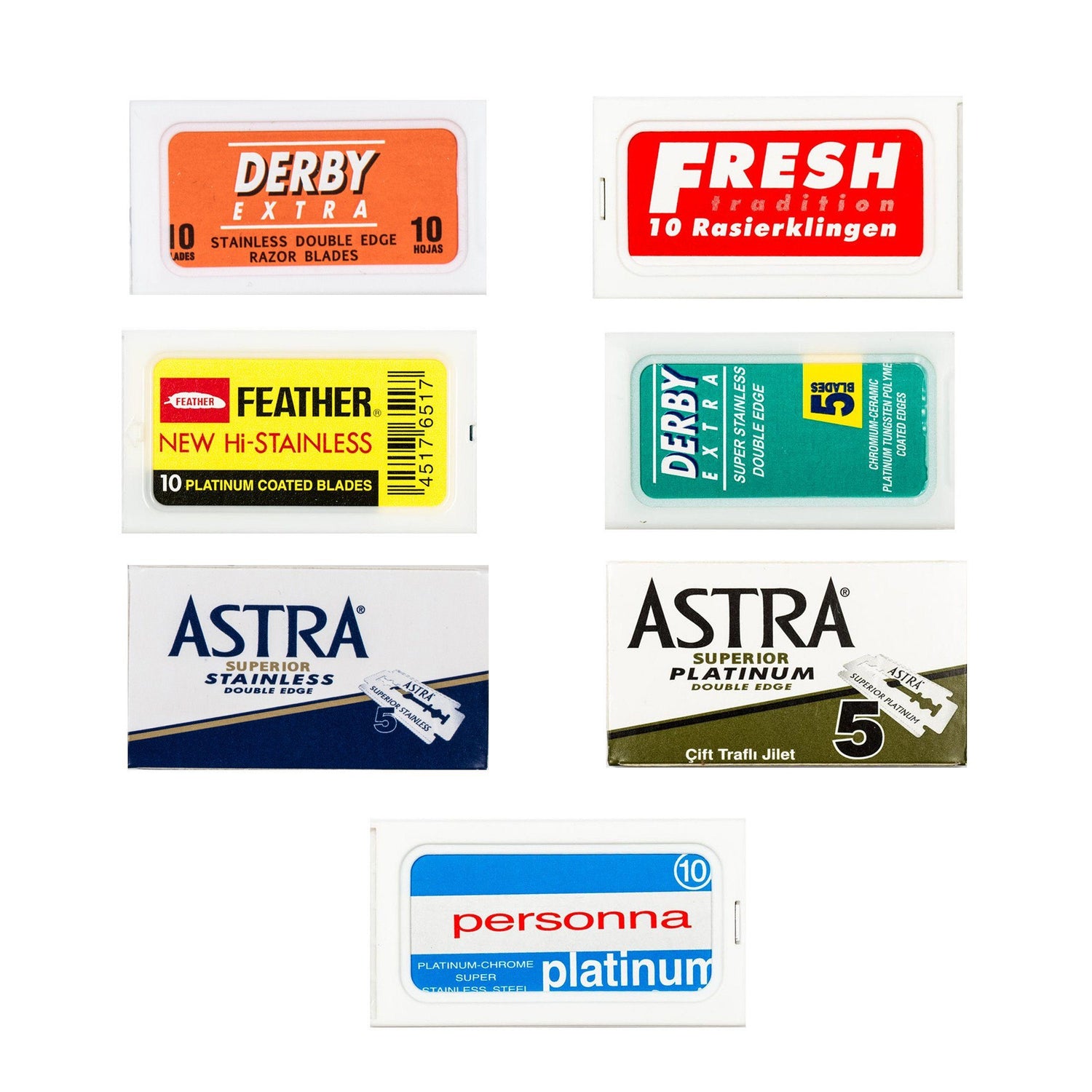 70pc Razor Blade Sampler: Derby, Astra, Feather, Fresh, Personna Razor Blades Fendrihan