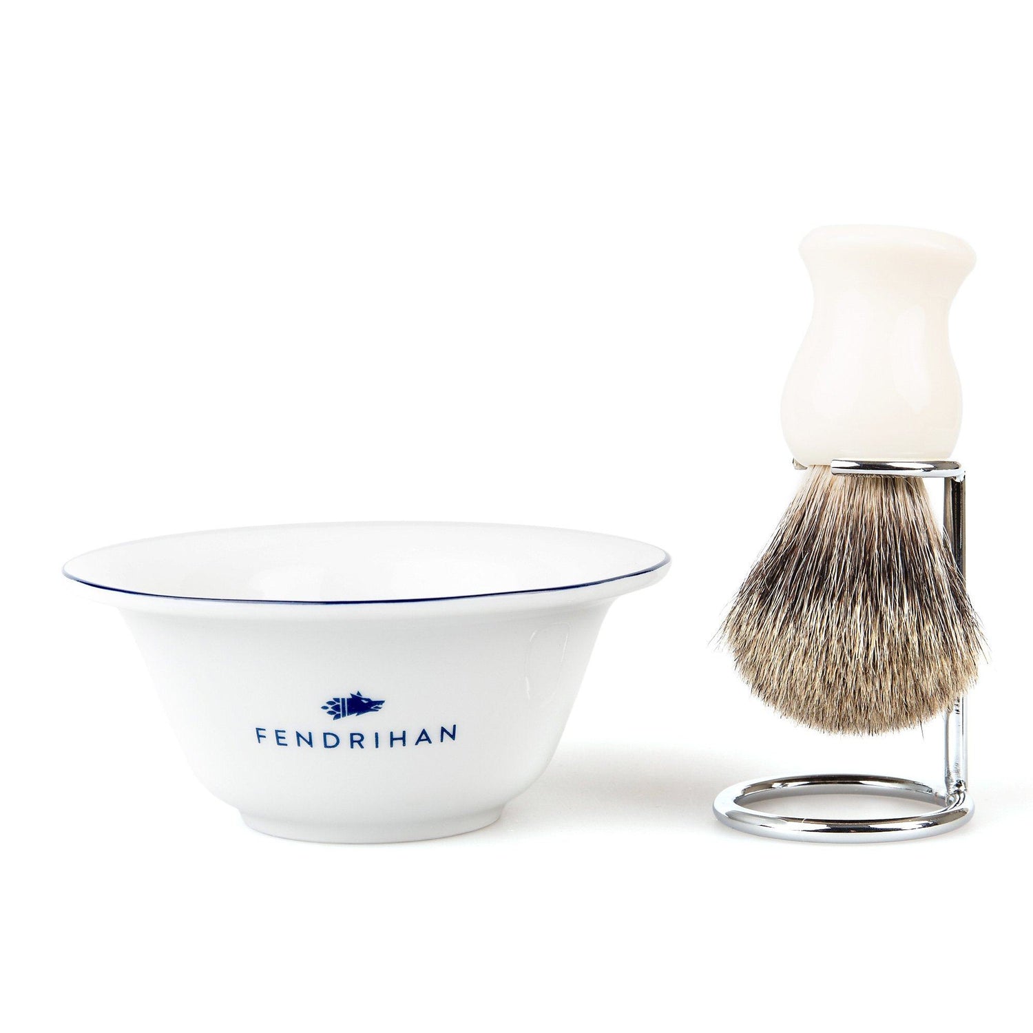 Fendrihan Porcelain Shaving Bowl and Classic Pure Grey Badger Shaving Brush with Metal Stand Set, Save $10 Shaving Set Fendrihan Dark Blue White