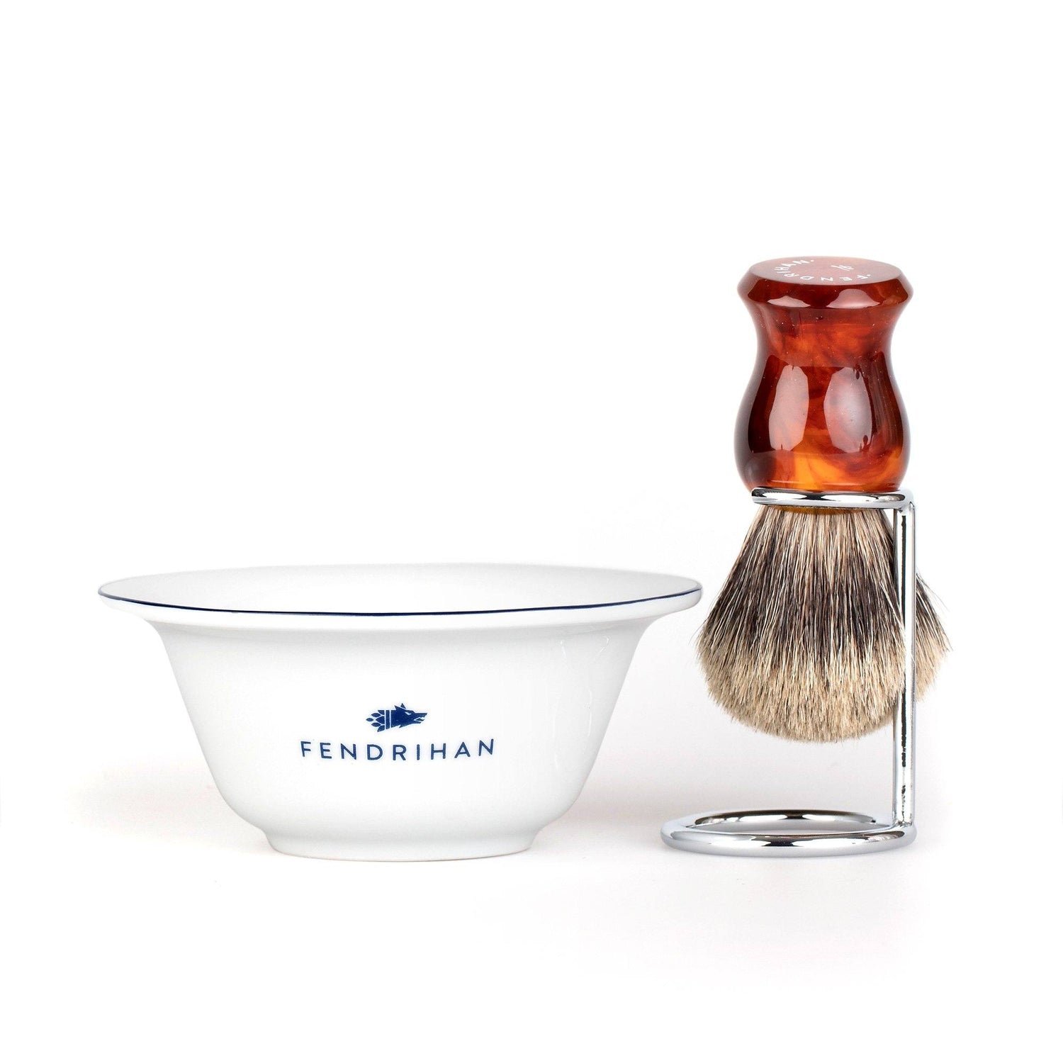 Fendrihan Porcelain Shaving Bowl and Classic Pure Grey Badger Shaving Brush with Metal Stand Set, Save $10 Shaving Set Fendrihan Dark Blue Faux Amber
