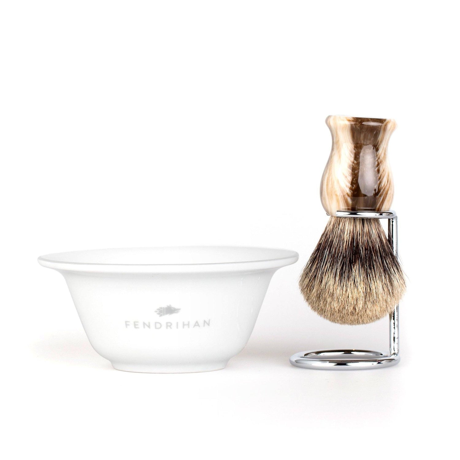 Fendrihan Porcelain Shaving Bowl and Classic Pure Grey Badger Shaving Brush with Metal Stand Set, Save $10 Shaving Set Fendrihan Grey Faux Horn