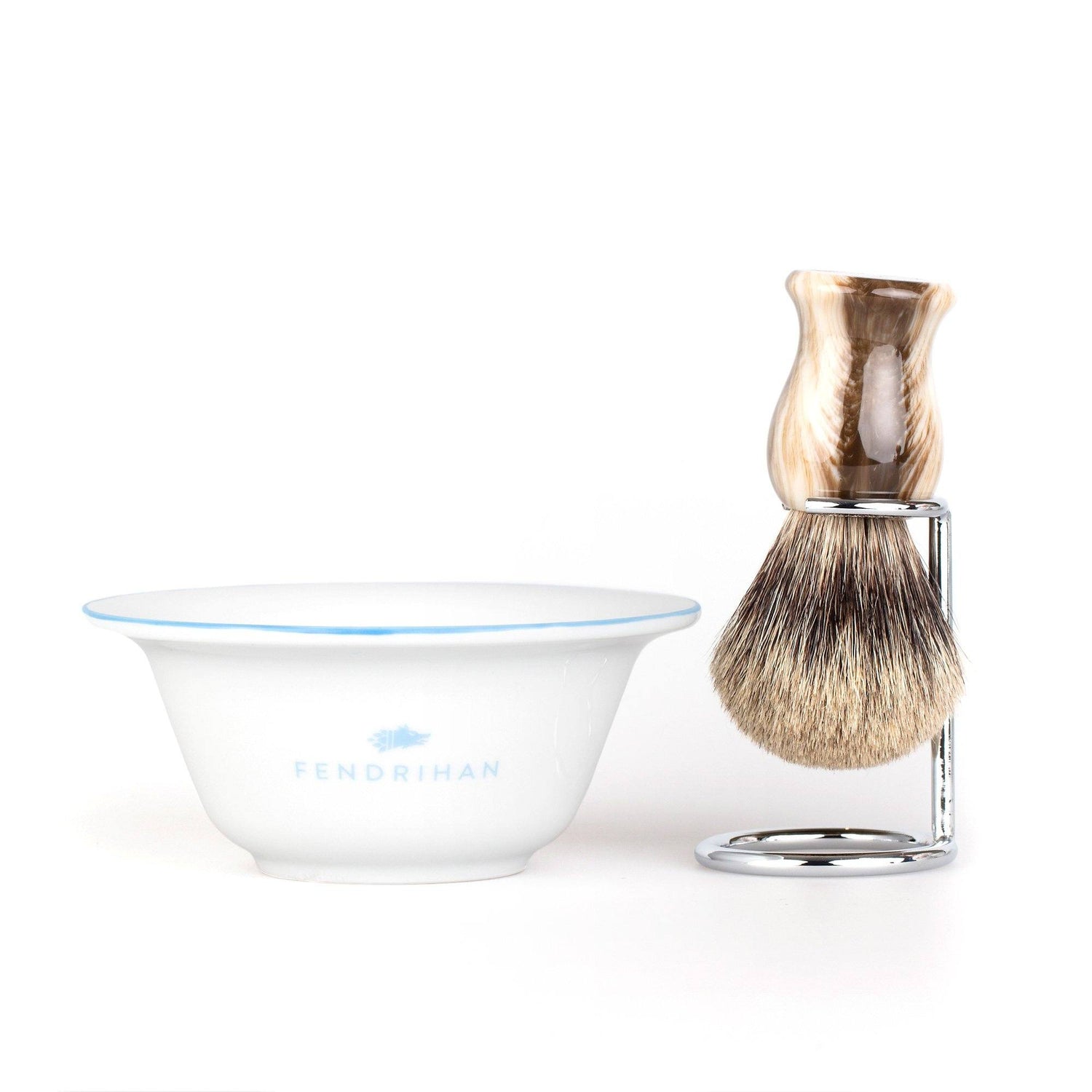 Fendrihan Porcelain Shaving Bowl and Classic Pure Grey Badger Shaving Brush with Metal Stand Set, Save $10 Shaving Set Fendrihan Light Blue Faux Horn