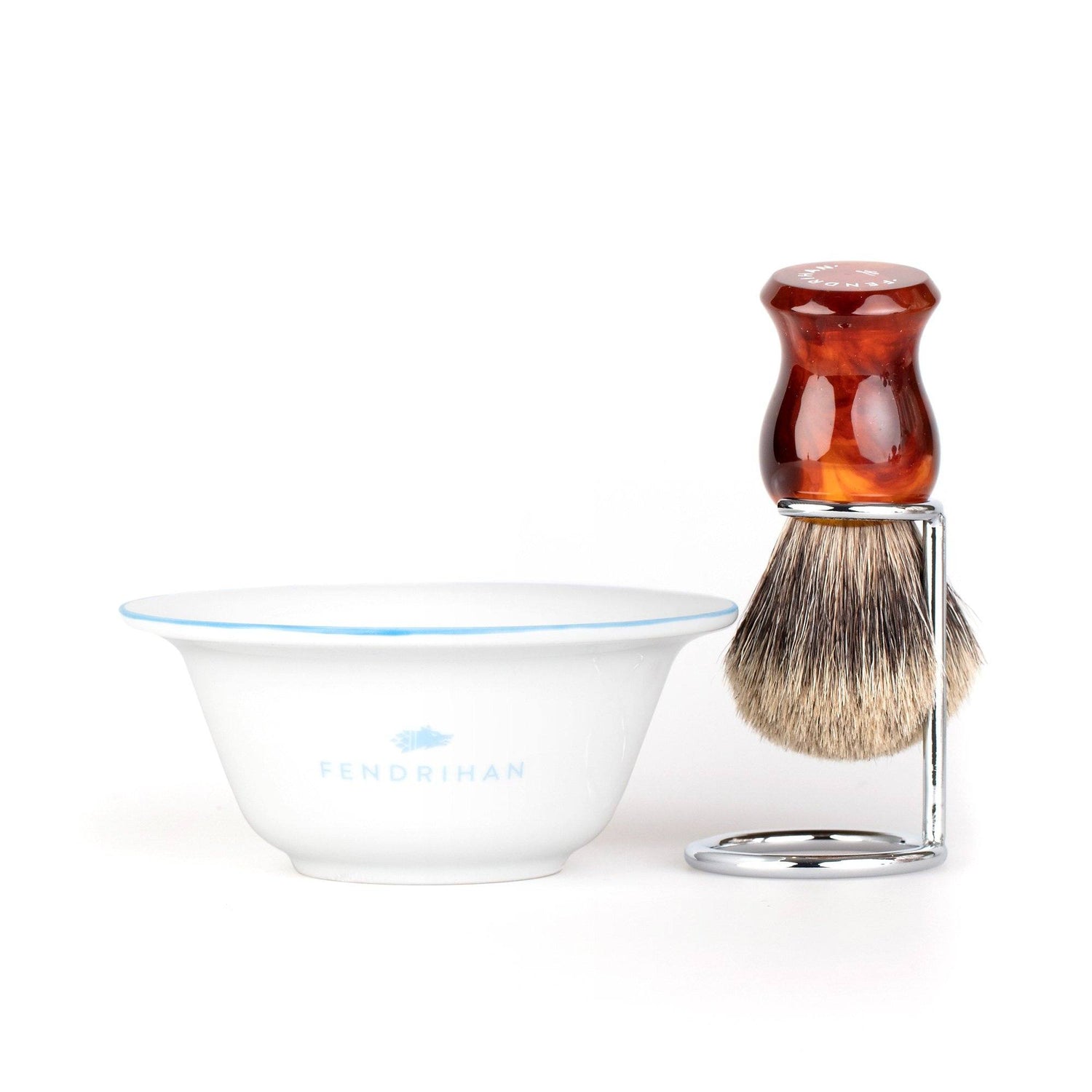 Fendrihan Porcelain Shaving Bowl and Classic Pure Grey Badger Shaving Brush with Metal Stand Set, Save $10 Shaving Set Fendrihan Light Blue Faux Amber