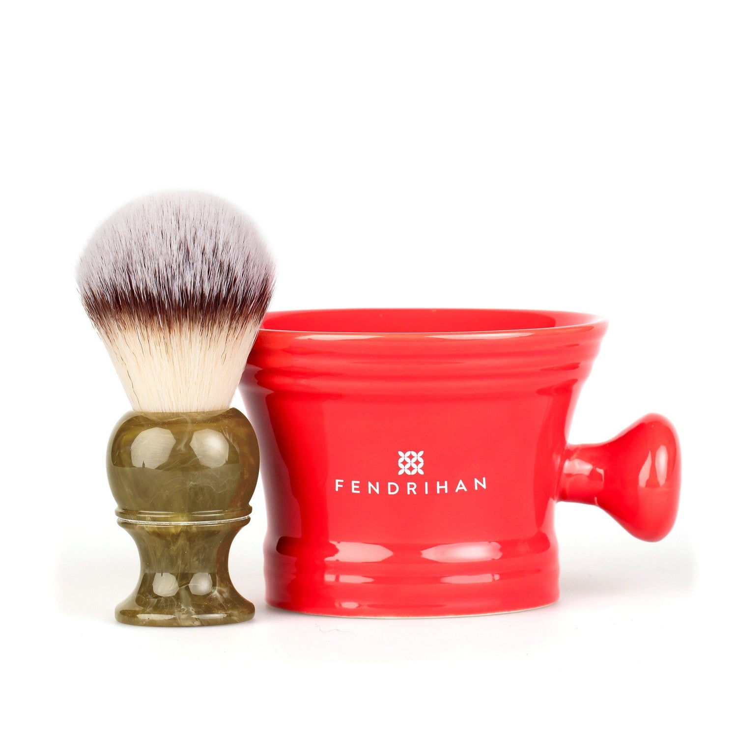 Fendrihan Synthetic Shaving Brush and Moderno Apothecary Shaving Mug, Save $10 Shaving Kit Fendrihan Rojo Imitation Badger - Faux Horn Resin Handle