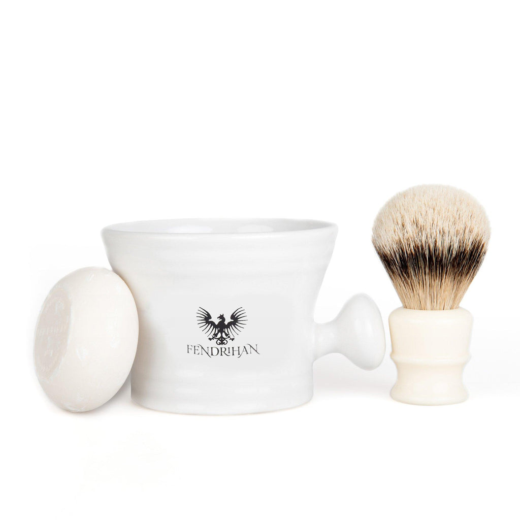 Fendrihan High Mountain White Badger Shaving Brush and Shaving Mug Set, Save $30 Shaving Kit Fendrihan White 