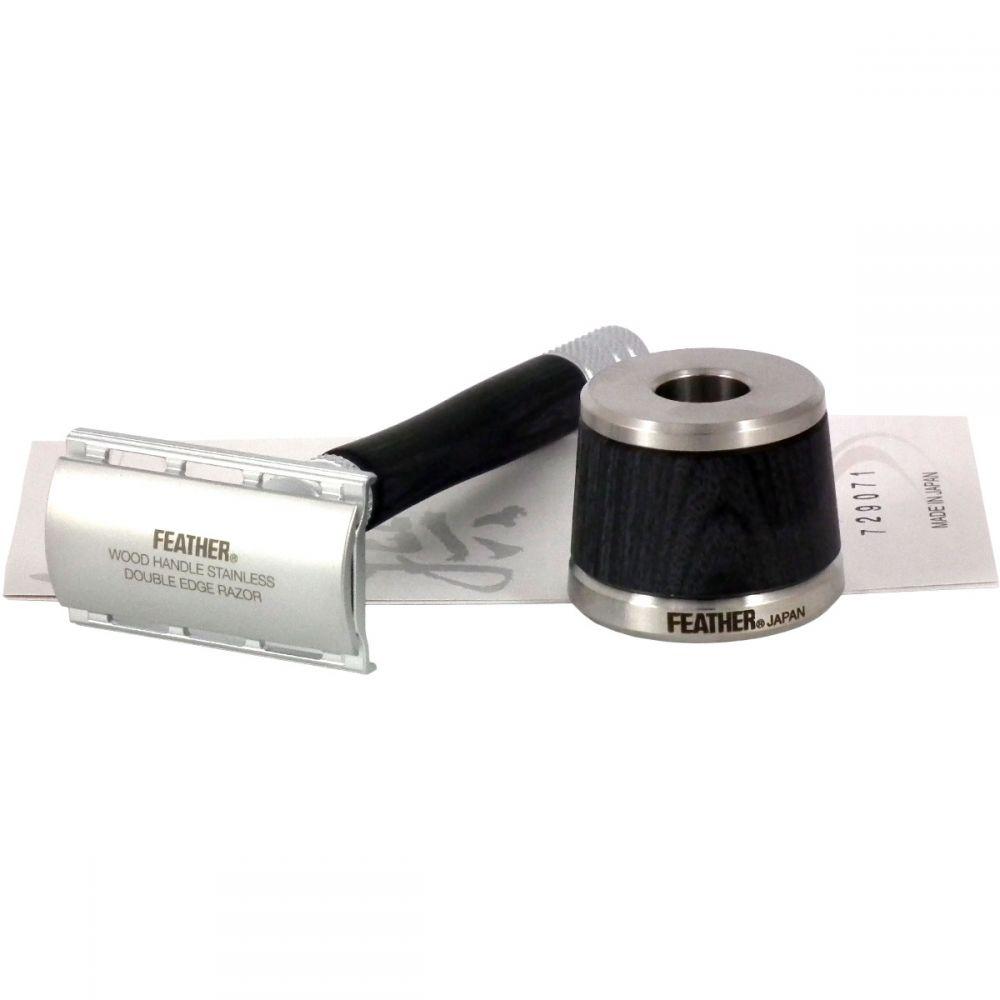 Feather WS-D2S Double Edge Stainless Steel and Wood Safety Razor, with Stand Double Edge Safety Razor Feather