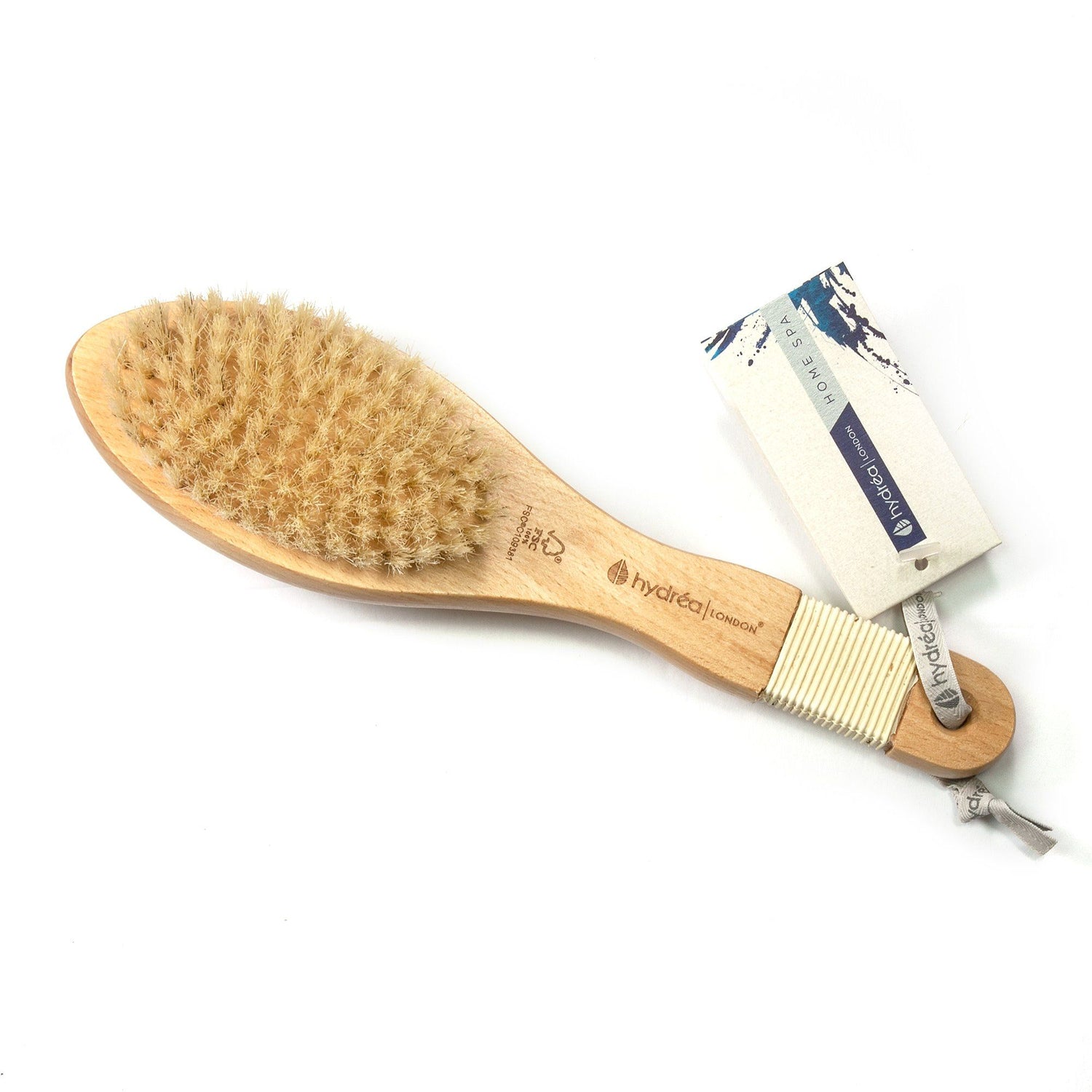 Hydrea London Pure Bristle Bath and Massage Brush, FSC Beechwood with Rubber Grip Bath Brush The Natural Sea Sponge Co