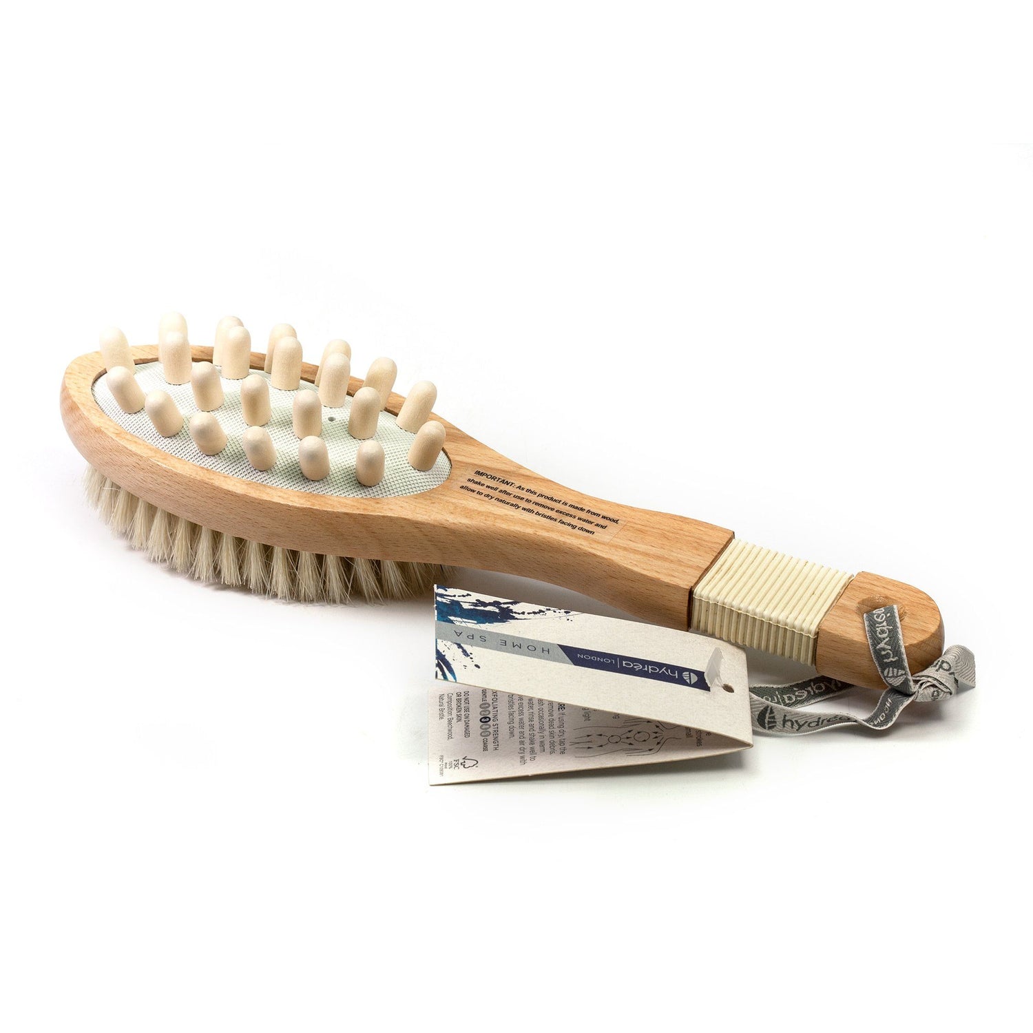 Hydrea London Pure Bristle Bath and Massage Brush, FSC Beechwood with Rubber Grip Bath Brush The Natural Sea Sponge Co