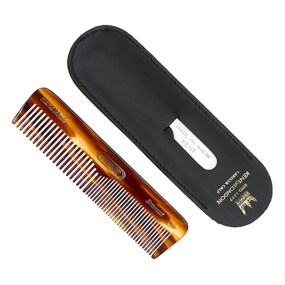 Kent NU19 Double-Tooth Pocket Comb with Nail File in Black Leather Case Comb Kent