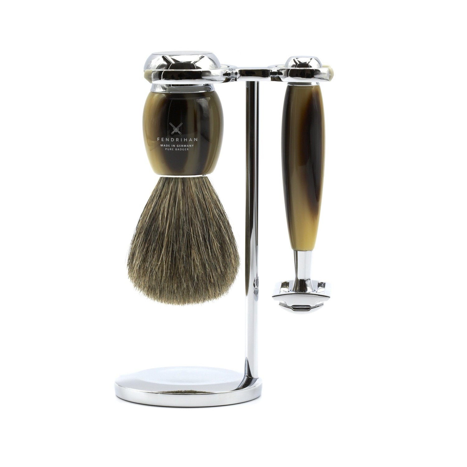 Fendrihan 3-Piece Shaving Set with Safety Razor and Pure Badger Brush, Faux Horn Shaving Kit Fendrihan