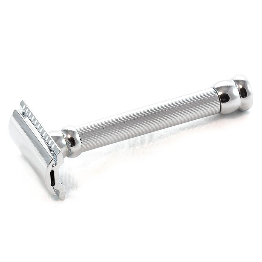 Merkur 47C Polished Chrome Engine-Turned Long Handle Safety Razor Double Edge Safety Razor Merkur