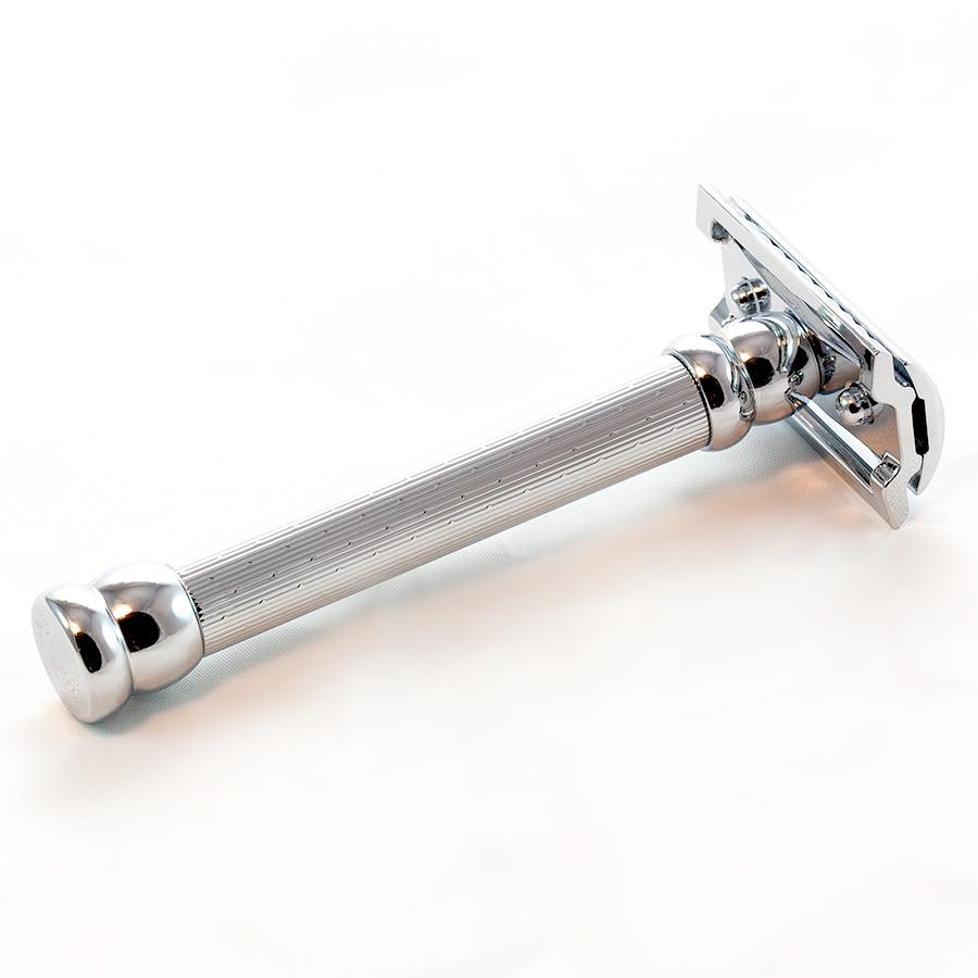 Merkur 47C Polished Chrome Engine-Turned Long Handle Safety Razor Double Edge Safety Razor Merkur
