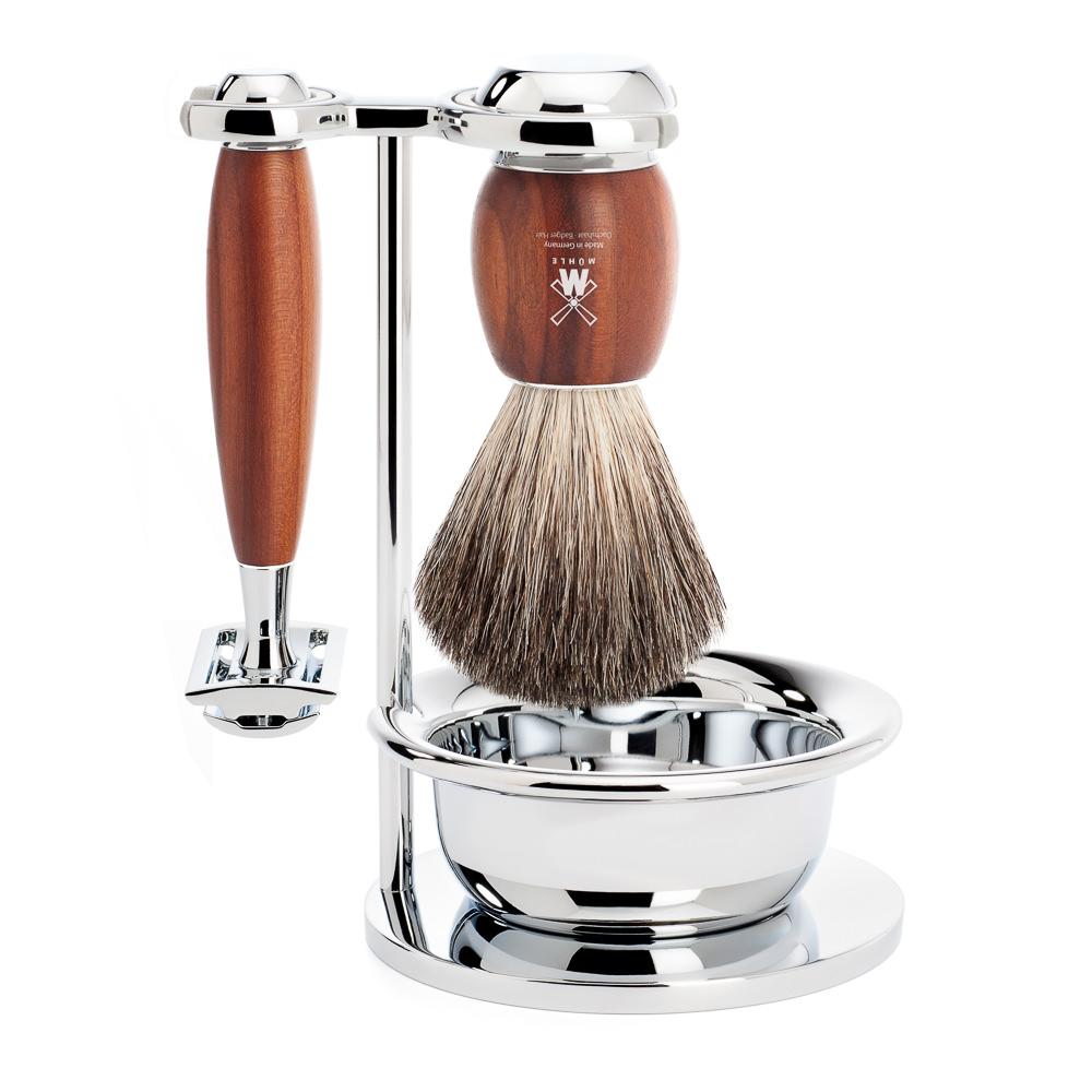 Muhle Vivo 4-Piece Shaving Set with Safety Razor and Pure Badger Brush, Plum Wood Shaving Set Muhle