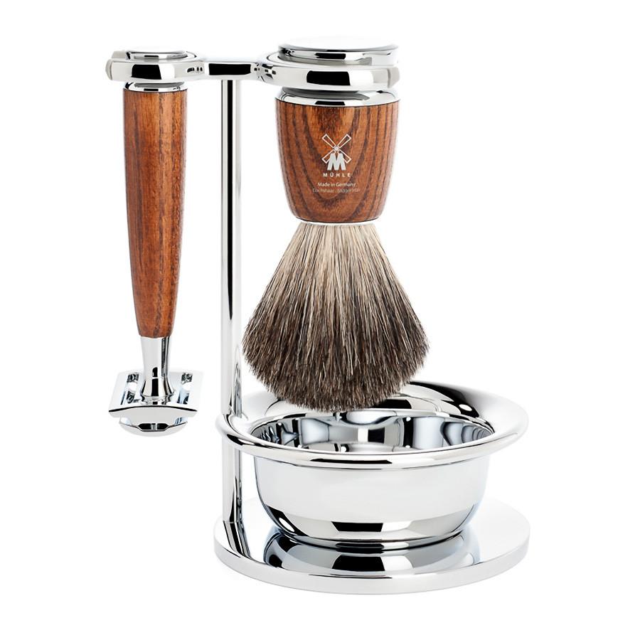 Muhle Rytmo 4-Piece Shaving Set with Safety Razor and Pure Badger Brush, Ash Wood Shaving Kit Discontinued 