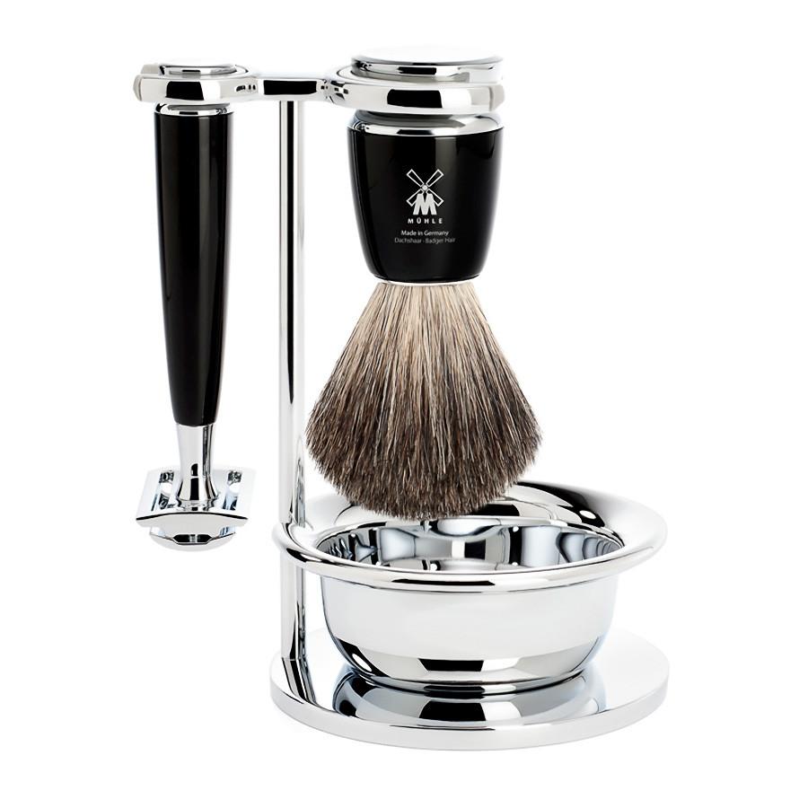 Muhle Rytmo 4-Piece Shaving Set with Safety Razor and Pure Badger Brush, Black Shaving Kit Discontinued