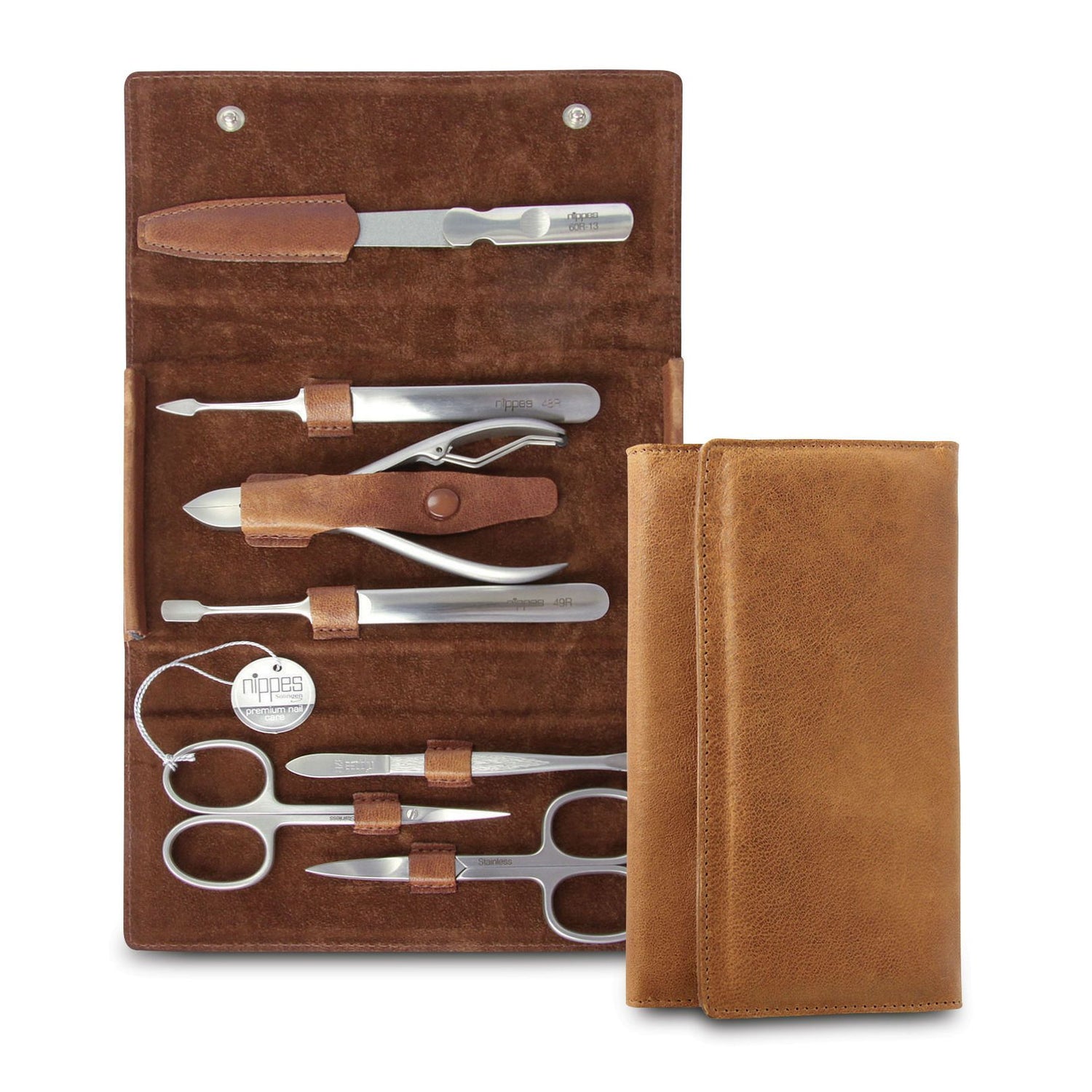 Nippes Solingen 7-Piece Manicure Set, Brown Leather Snap Case Manicure Set Nippes Solingen