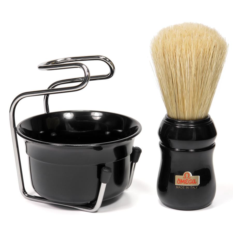 Omega 49.18 Pure Bristle Shaving Brush with Bowl and Stand Boar Bristles Shaving Brush Omega