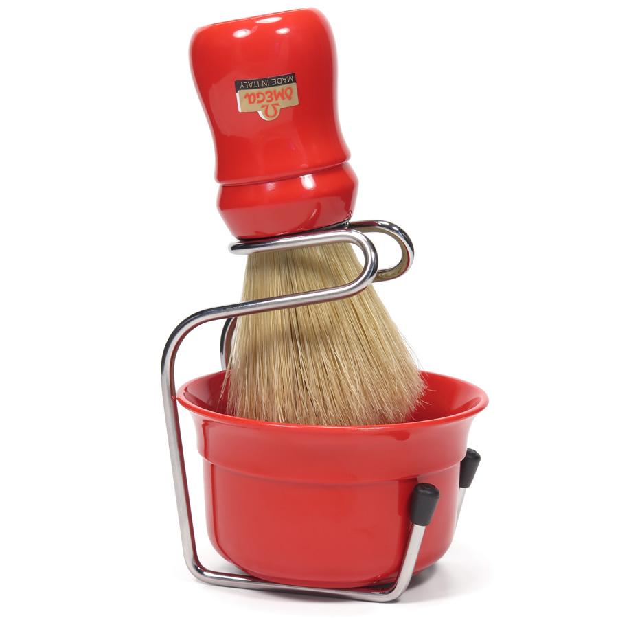 Omega 49.18 Pure Bristle Shaving Brush with Bowl and Stand Boar Bristles Shaving Brush Omega Red