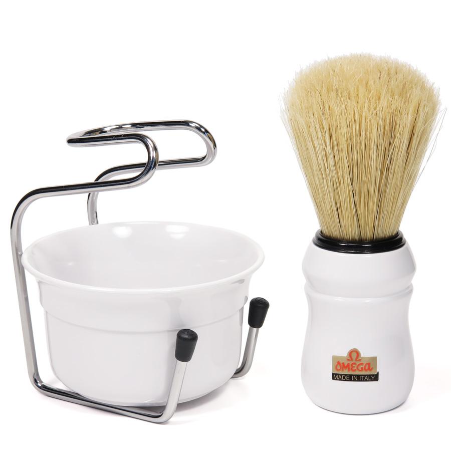 Omega 49.18 Pure Bristle Shaving Brush with Bowl and Stand Boar Bristles Shaving Brush Omega