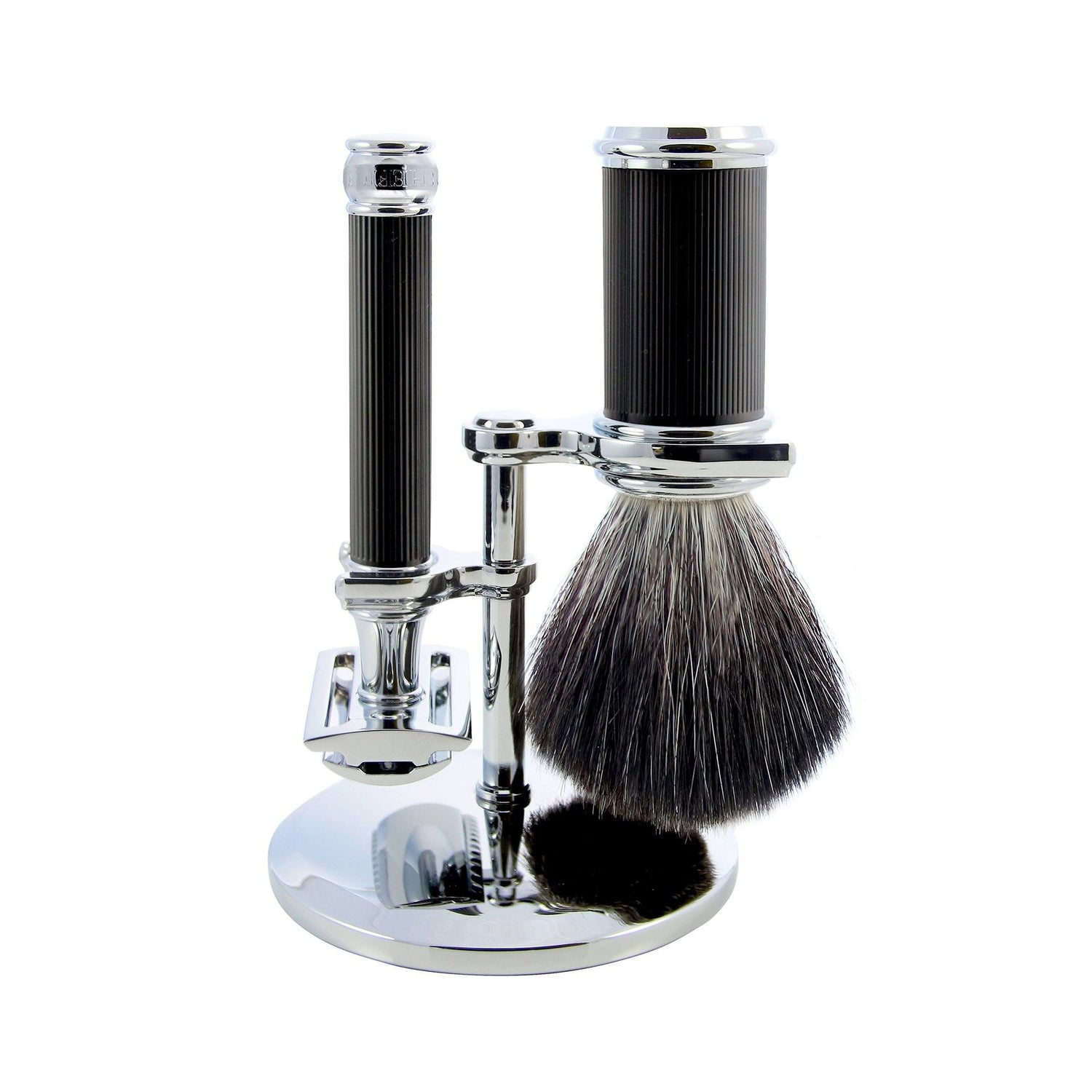 Edwin Jagger 3-Piece Set with Double Edge Safety Razor, Synthetic Brush and Stand Shaving Set Edwin Jagger Rubber Coated Black