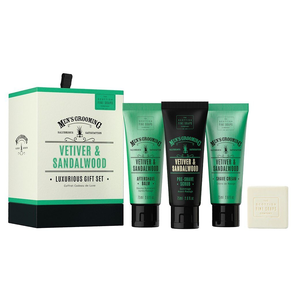 Scottish Fine Soaps Luxurious Gift Set, Vetiver & Sandalwood Shaving Gift Set Scottish Fine Soaps