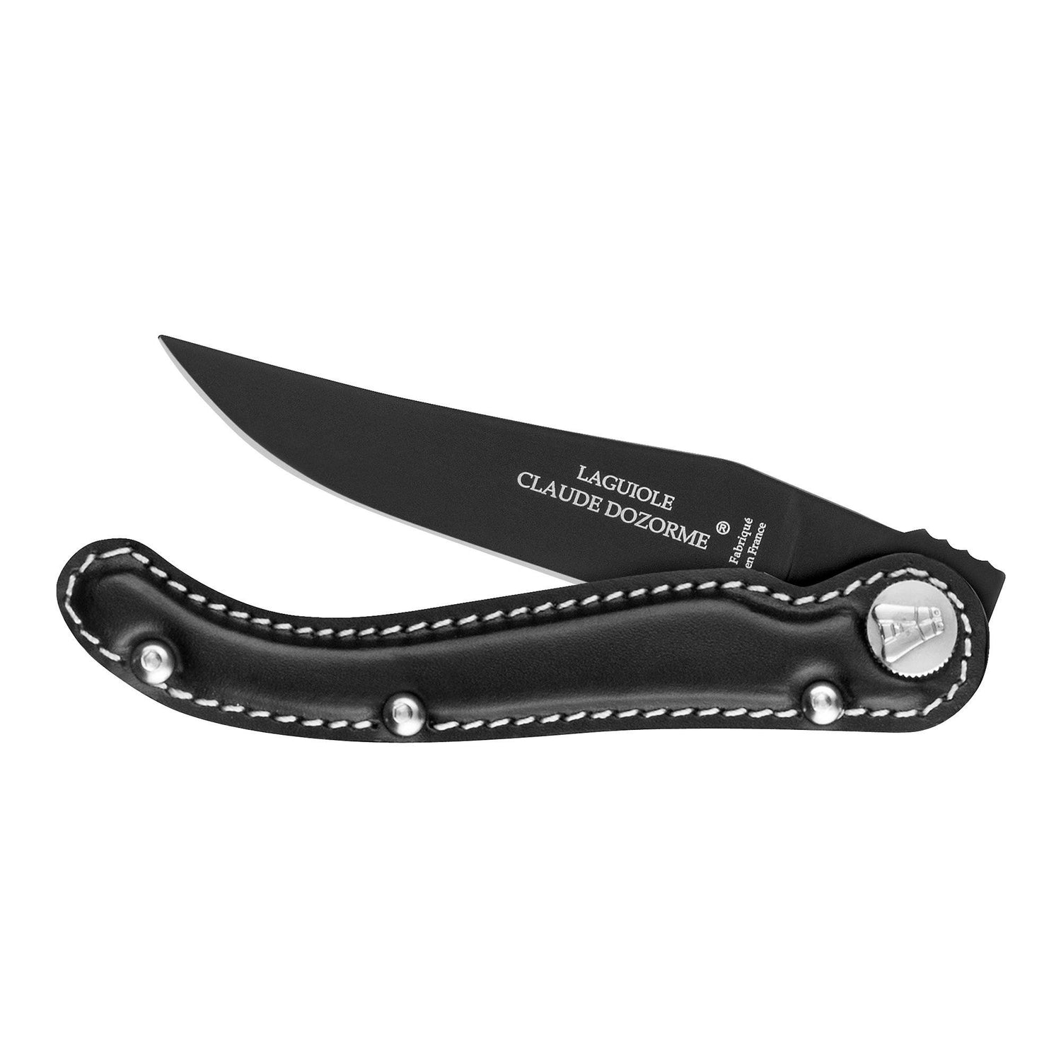 Claude Dozorme Laguiole Baroudeur Pocket Knife, Black Steel Blade and Leather Handle Pocket Knife Claude Dozorme Black
