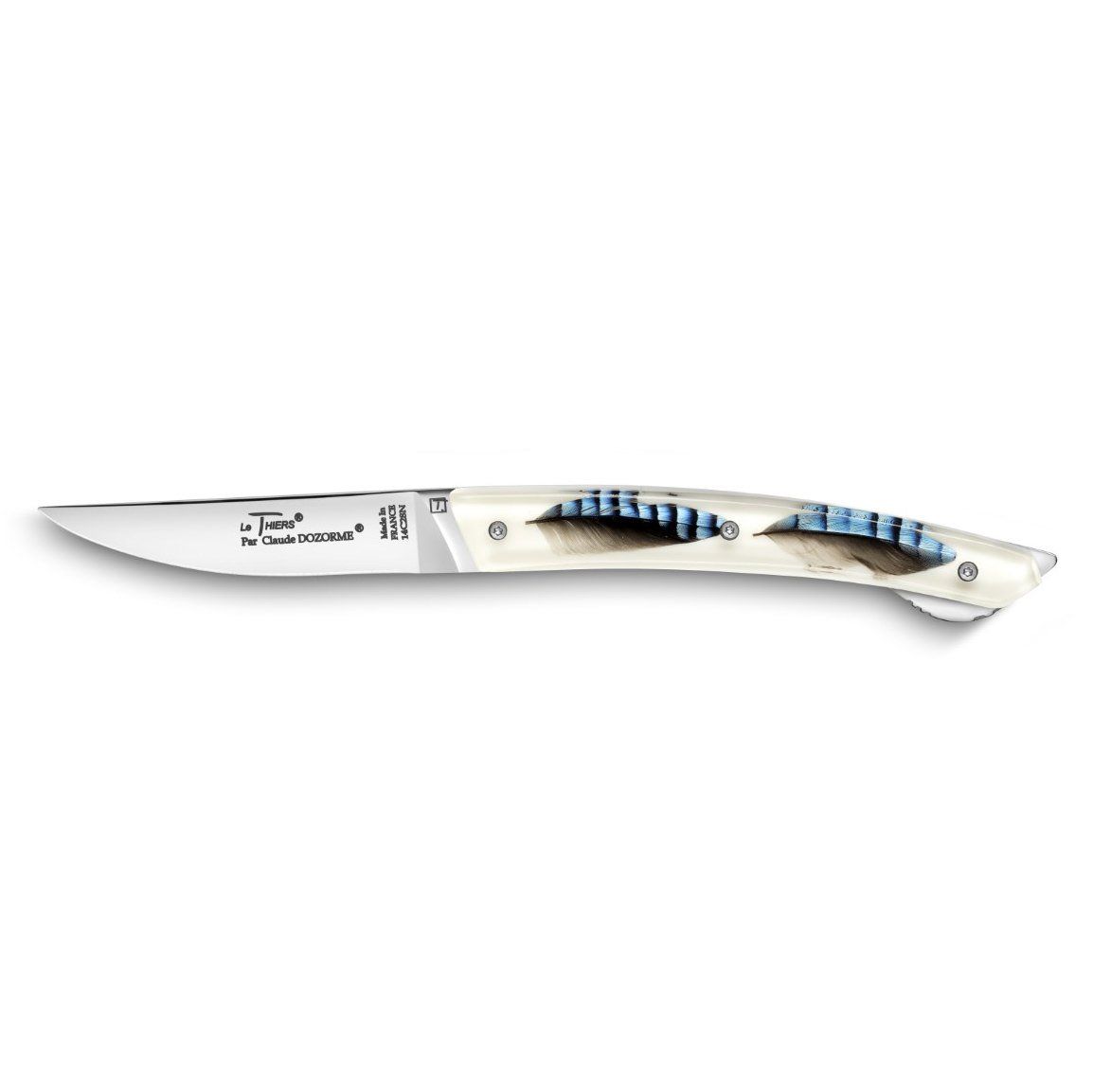 Claude Dozorme Le Thiers® Verrou Folding Pocket Knife, Blue Jay Feather Inlay Handle Pocket Knife Claude Dozorme