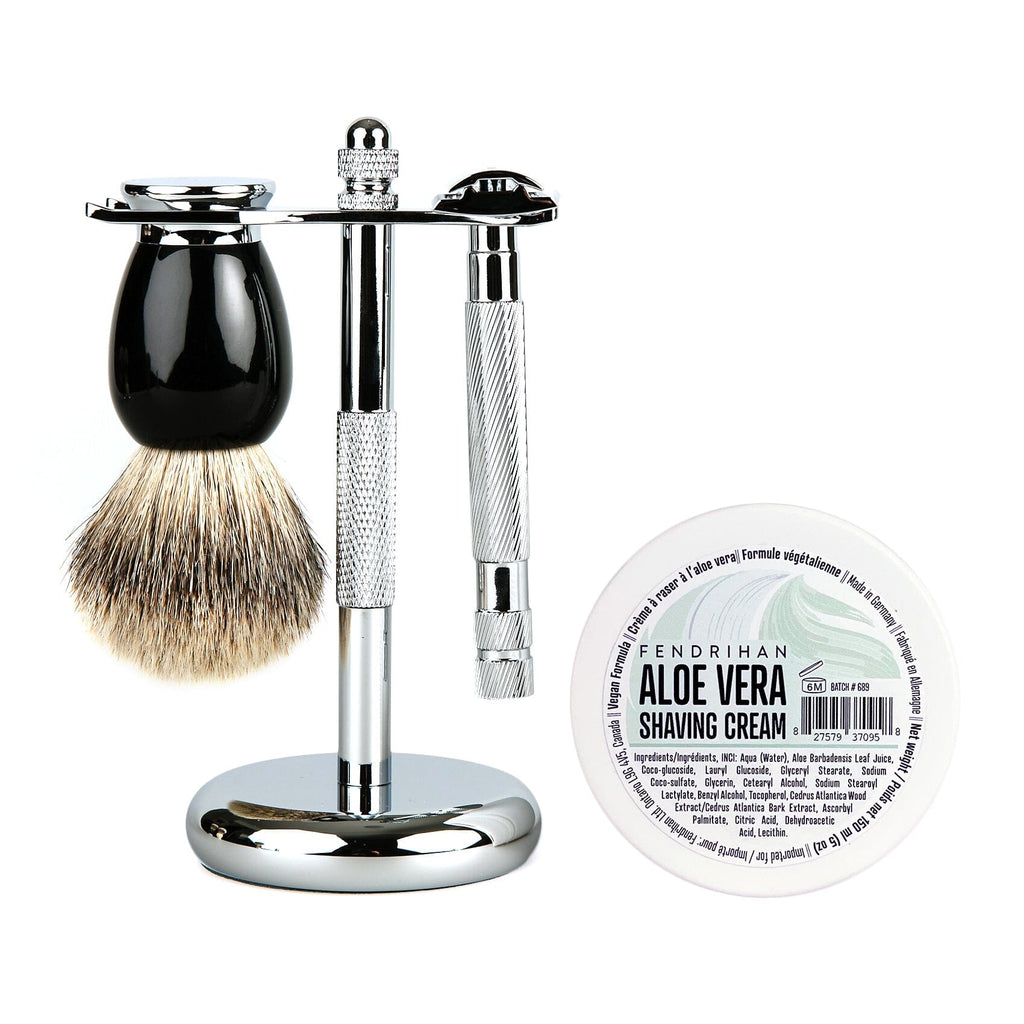 Fendrihan 4-Piece Wet Shaving Set with Safety Razor and Badger Shaving Brush, Save $30 Shaving Set Fendrihan Steeles Black Aloe Vera