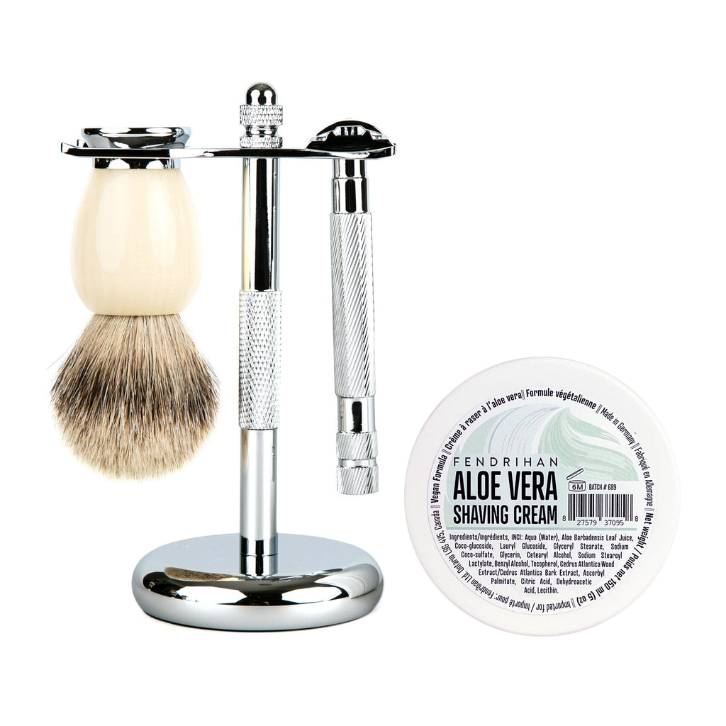 Fendrihan 4-Piece Wet Shaving Set with Safety Razor and Badger Shaving Brush, Save $30 Shaving Set Fendrihan Steeles Ivory Aloe Vera