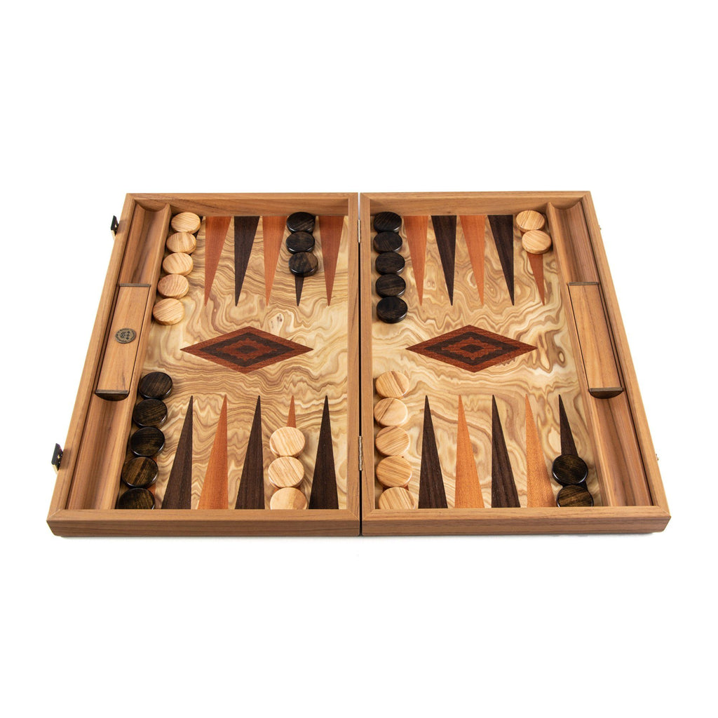 Manopoulos Handmade Premium Backgammon Set Backgammon Manopoulos Olive Burl Wood with Wenge and Mahogany Wood Points 