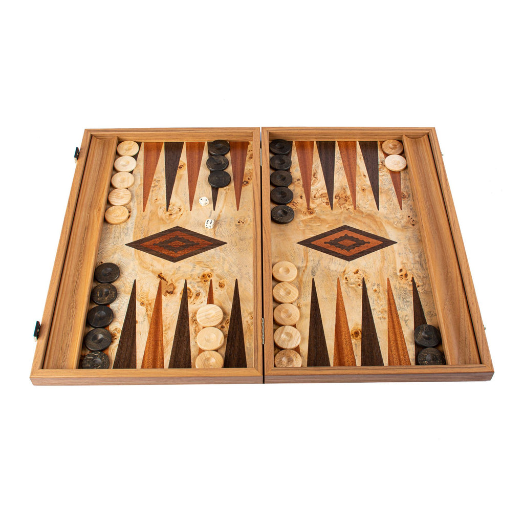 Manopoulos Handmade Premium Backgammon Set Backgammon Manopoulos Lupo Burl with Wenge and Mahogany Wood Points 