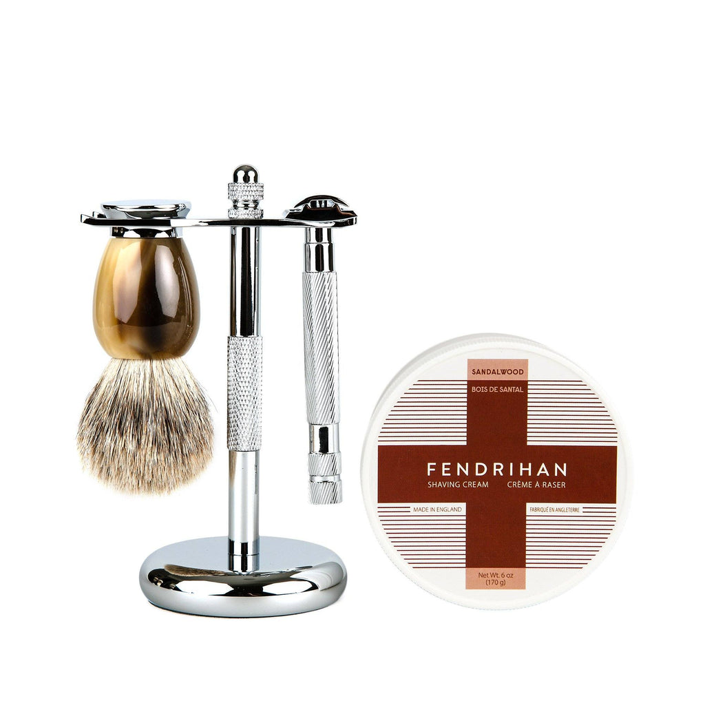 Fendrihan 4-Piece Wet Shaving Set with Safety Razor and Badger Shaving Brush, Save $30 Shaving Set Fendrihan Steeles Horn Sandalwood