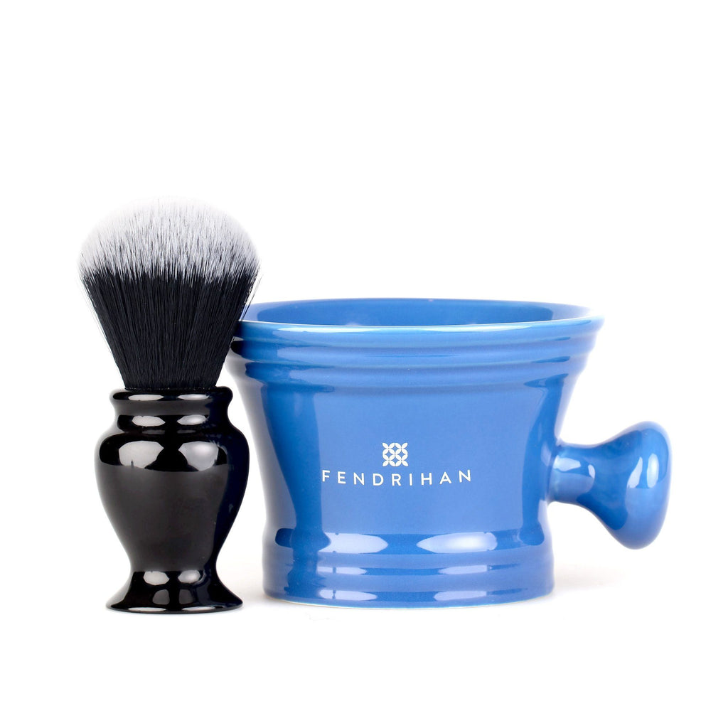 Fendrihan Synthetic Shaving Brush and Moderno Apothecary Shaving Mug, Save $10 Shaving Kit Fendrihan Azul Black and White Bristles - Black Handle 
